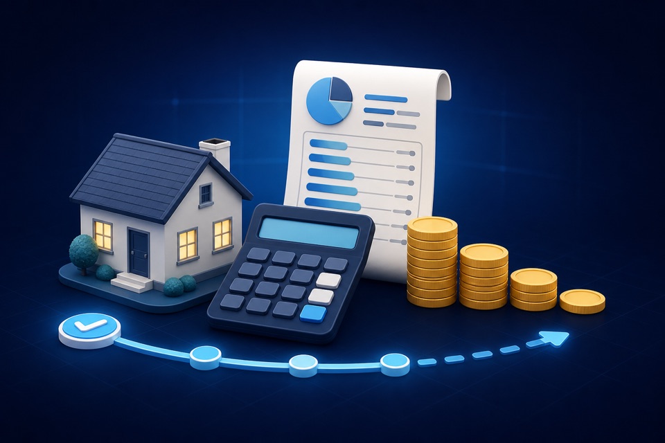 Ilustracion de vivienda, calculadora y amortizacion de un credito.