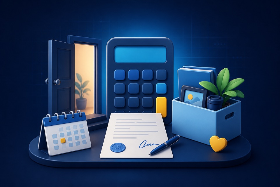 Ilustracion de una transicion laboral con documento, calendario y caja de oficina.