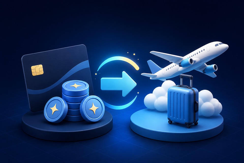 Ilustracion de tarjeta de recompensas, puntos, equipaje y viaje en avion.