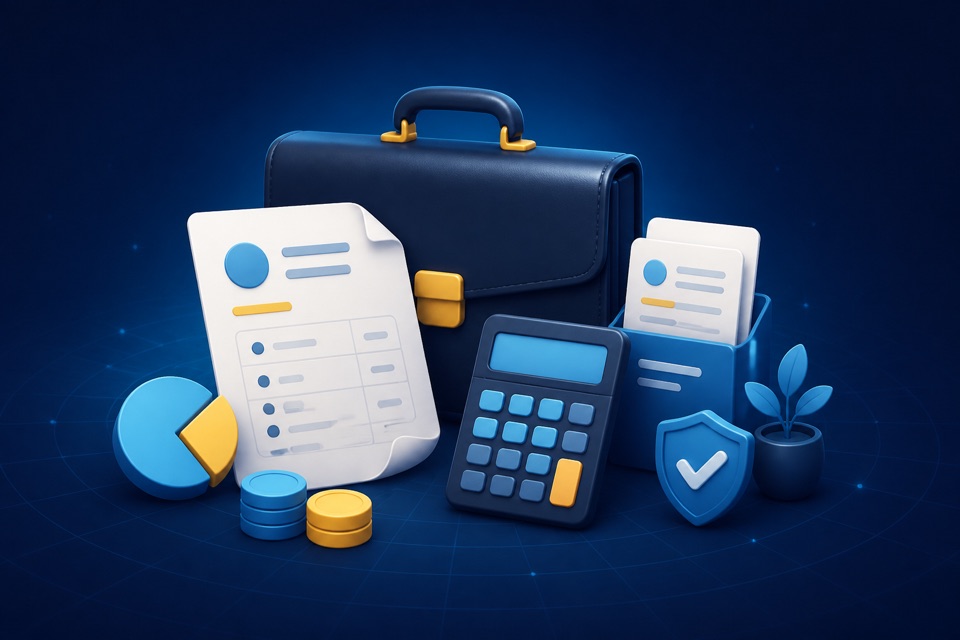 Ilustracion de portafolio, documentos y calculadora para servicios profesionales.