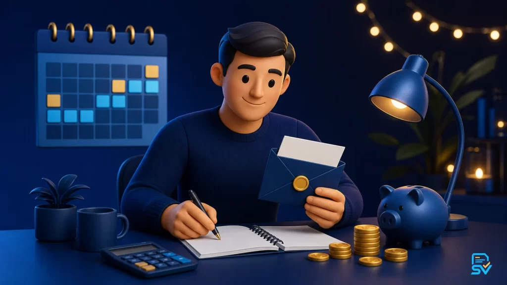 Trabajador revisando su aguinaldo con calendario, sobre de pago, monedas y calculadora