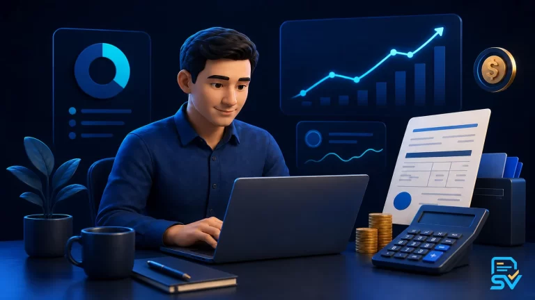 Persona calculando su salario neto en El Salvador con recibo, monedas y calculadora