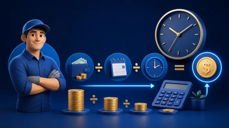 Trabajador junto a un reloj, calculadora y grupos de monedas para calcular su salario por hora