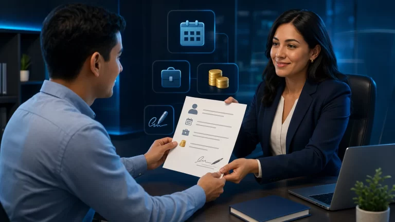 Profesional de recursos humanos entregando a un trabajador una constancia de salario verificada