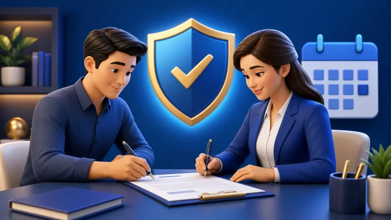 Trabajador y empleadora firmando un contrato protegido por un escudo y un calendario