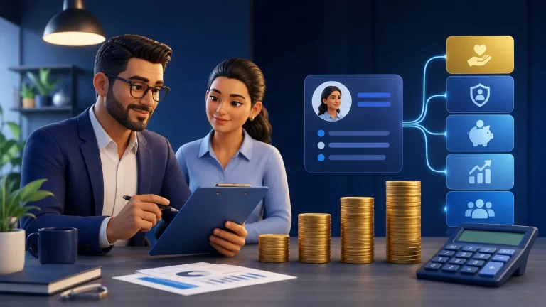 Empresa revisando el costo de un empleado con aportes, calculadora y pilas de monedas