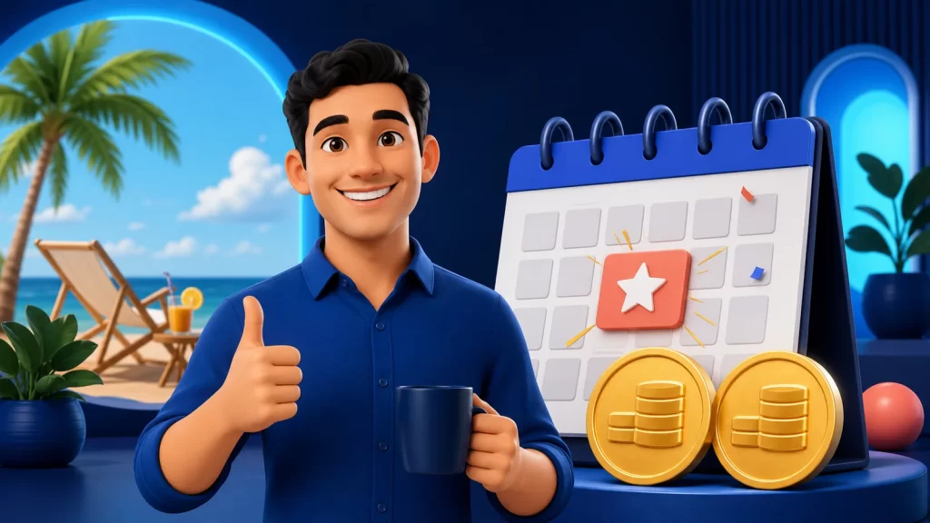 Trabajador frente a un calendario festivo y dos monedas que representan pago doble