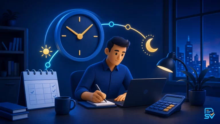 Empleado calculando horas extra durante una jornada que pasa del día a la noche