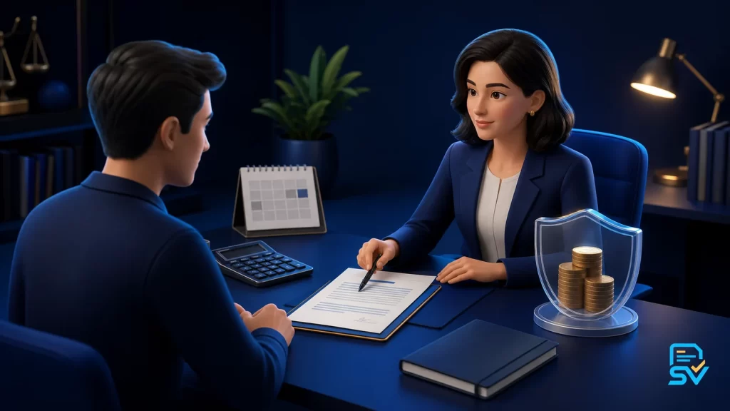 Trabajador revisando una liquidación e indemnización con una asesora