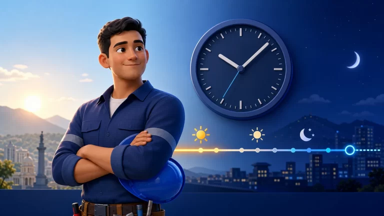 Trabajador junto a un reloj y una línea de tiempo que pasa del día a la noche