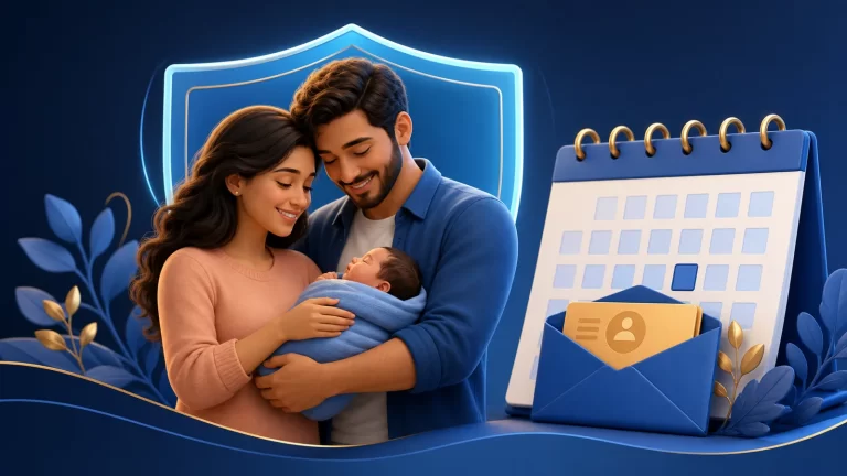 Madre y padre con su bebé protegidos junto a un calendario y un sobre de pago