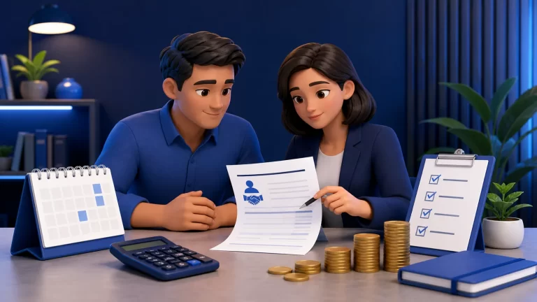 Trabajador y asesora revisando una liquidación final con calendario, lista y calculadora