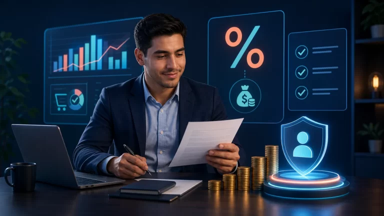 Profesional de ventas revisando operaciones, porcentaje, liquidación de comisiones y salario protegido