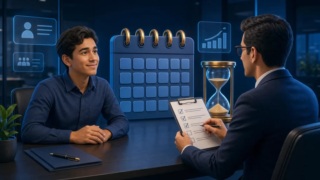Nuevo trabajador y empleador revisando calendario y evaluación del período de prueba