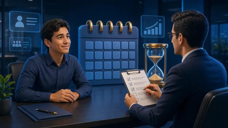 Nuevo trabajador y empleador revisando calendario y evaluación del período de prueba