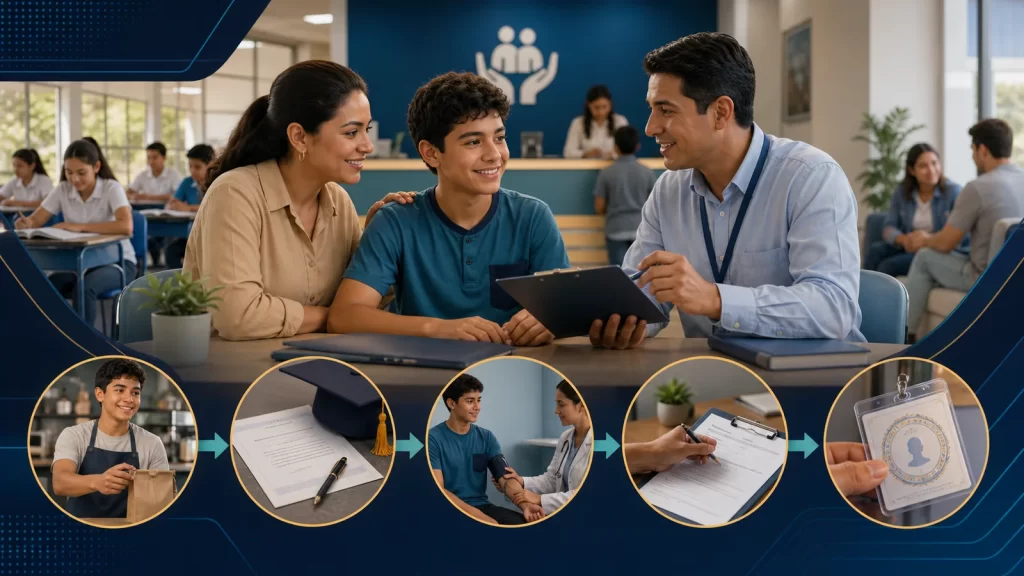 Adolescente y representante revisando con un asesor los documentos para una credencial de trabajo
