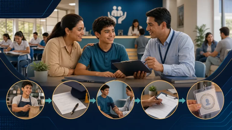 Adolescente y representante revisando con un asesor los documentos para una credencial de trabajo
