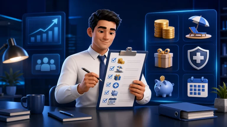 Trabajador revisando una lista visual de salario, salud, pensión, vacaciones y descansos
