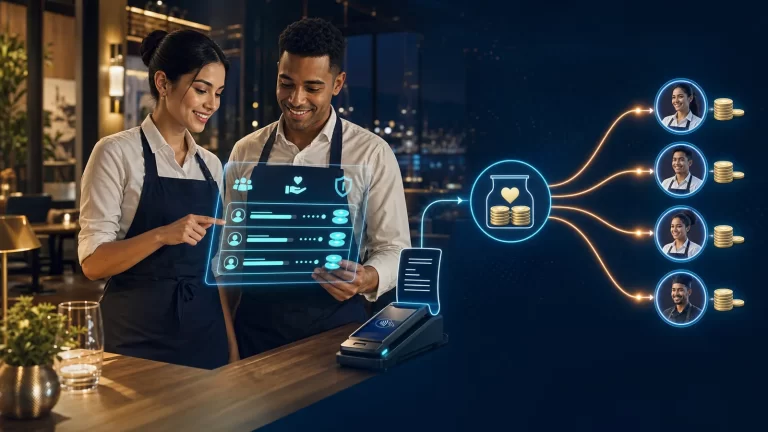 Personal de restaurante revisando el registro y reparto transparente de propinas electrónicas