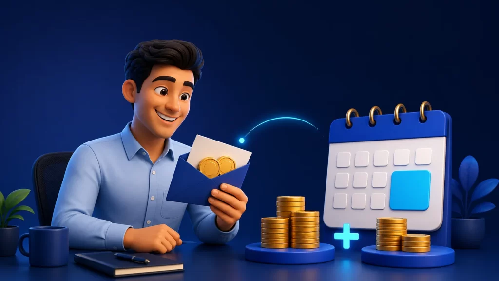 Trabajador recibiendo un ingreso adicional junto a un calendario de enero y monedas