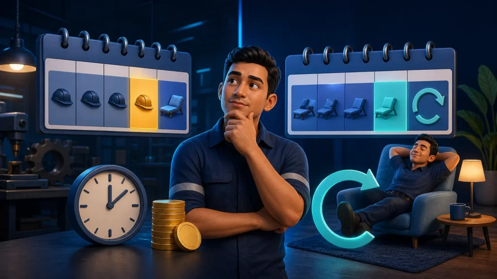 Trabajador comparando día laborado, pago adicional y descanso compensatorio