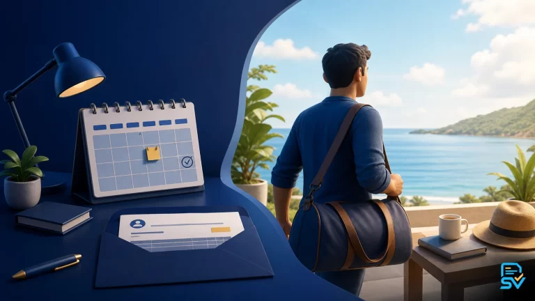 Trabajador iniciando vacaciones pagadas con calendario y sobre de pago